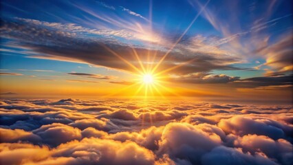 Fototapeta premium of a sunset sun ray shining above clouds , sunset, sun ray, above clouds, fly,sky, beauty, nature, peaceful, scenic, view