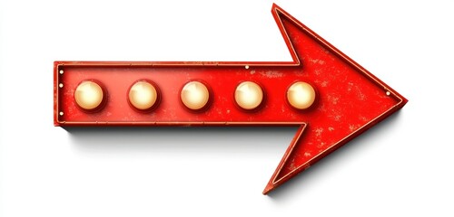 Red arrow sign illuminated with bulbs on white backdrop, ideal for vintage-style advertising.