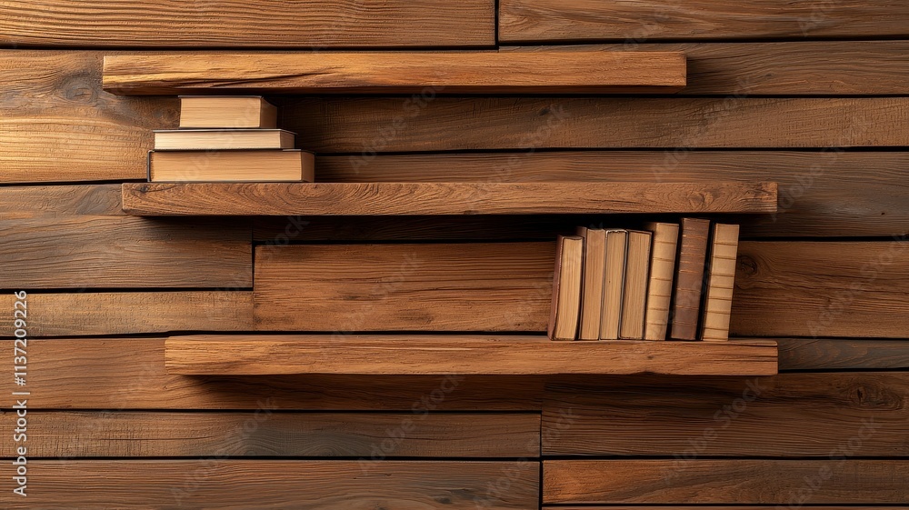 Poster a rustic wooden shelf display holds books against a wooden wall, creating a warm and inviting readin