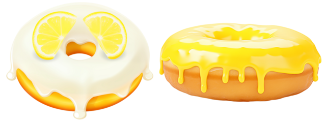 Lemon glaze donuts with bright yellow icing and lemon slices on top, vibrant colors, perfect for menu graphic design, illustration style, isolated on transparent background, PNG cutout.