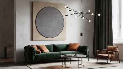 Modern living room with green velvet sofa, circular art, and stylish lighting.