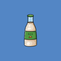 Bright and colorful cartoon-style illustration of a soy milk bottle, featuring a vivid blue background and detailed green labeling, perfect for depicting health, nutrition.