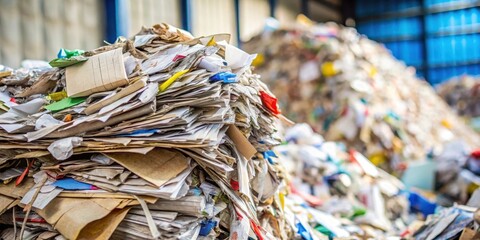 Obraz premium A close-up image of sorting through a pile of discarded paper for recycling , paper, recycling, sorting