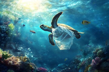 Fototapeta premium Close-up of a plastic bag stuck to coral, with turtles and fish swimming nearby, light shining into the sea , Generative AI