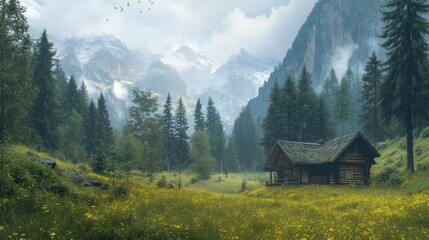 A serene landscape featuring a rustic cabin surrounded by mountains and wildflowers.
