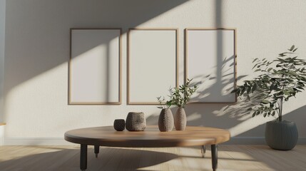 Fototapeta premium Simple living room with a geometric coffee table, triple 3D mockup frames, and a clean ambiance.