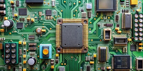 Top view of a modern circuit board with various electronic components, technology, electronics, computer