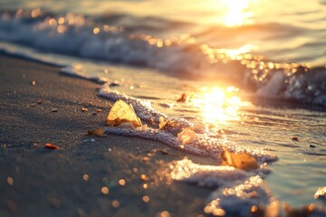 Marine litter washed ashore by waves, glistening in the sunlight , Generative AI