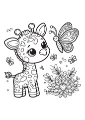 Coloring page giraffe with cute butterfly
