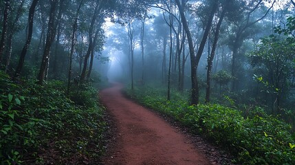 Fototapeta premium Misty Forest Path Winding Through Lush Green Trees