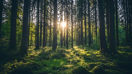 Obraz premium Sunlit Forest Scene With Tall Trees and Lush Undergrowth