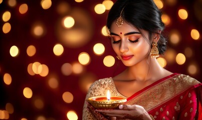 Woman in a Sari Holding a Diya for Diwali