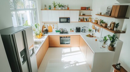 The kitchen of the small two-story house is located