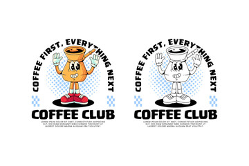 cezve pot turkish coffee retro cartoon character mascot illustration with standing pose and showing waving hand for beverage, restaurant, cafe mascot and merchandise