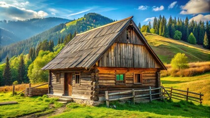 Obraz premium Old wooden cottage with hayloft in Carpathian mountains, perfect for eco tourism and countryside vacation