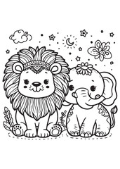 Coloring page design education kid lion with elephant