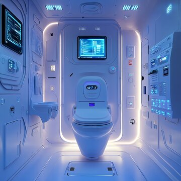 futuristic sci-fi toilet inside a spaceship, featuring sleek, high-tech design with modern 3D rendering. The interior reflects advanced technology and innovative functionality.