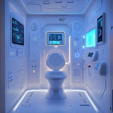 3D rendering of a futuristic sci-fi toilet interior, featuring sleek, modern design elements with a high-tech toilet bowl, showcasing a clean and innovative space.