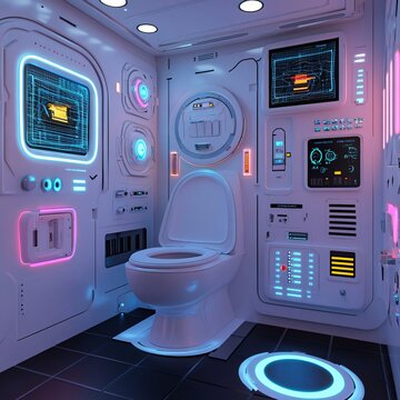 futuristic sci-fi toilet interior featuring sleek, modern design with advanced technology, illuminated surfaces, and minimalistic aesthetics, creating a high-tech, ultra-modern restroom experience.