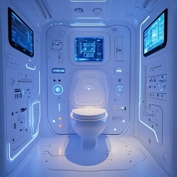 futuristic, sci-fi inspired bathroom design created with 3D computer-generated rendering, featuring sleek, modern fixtures and advanced technology for a cutting-edge, high-tech aesthetic.