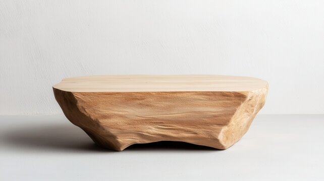A natural wood table with a unique, organic shape, showcasing the beauty of raw materials in minimalist design.