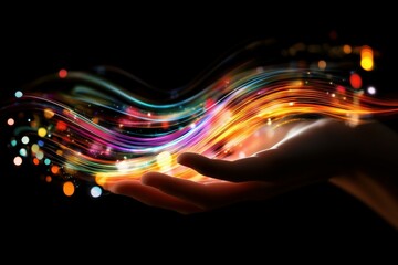 手の上のカラフルな光の流れによる技術継承のイメージ