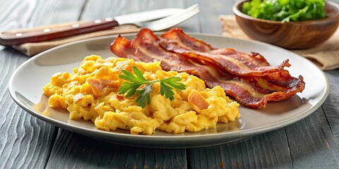 A serving of crispy bacon with a side of scrambled eggs , fried pork