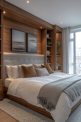 Modern bedroom with built-in wooden headboard, shelving, and large bed with gray bedding and throw.