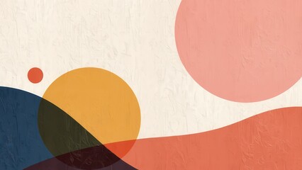 this abstract art piece showcases a harmonious blend of shapes and colors, featuring overlapping circles in hues of orange, gray, blue, and pink. the textured background adds depth to the