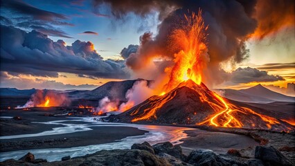 Lava flows into the night sky as a volcanic eruption unfolds in Iceland, lava,volcanic eruption,iceland