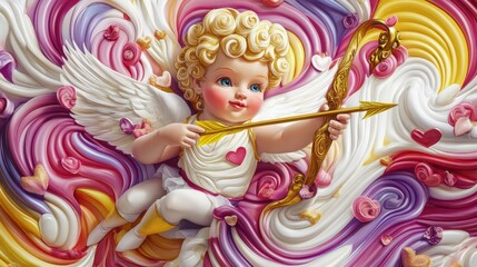 Fototapeta premium Cupid holding a golden bow, vibrant arrows cutting through a swirling, love-filled colorful background, realistic details.