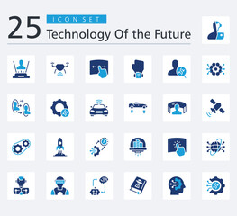 Fototapeta premium Technology of the Future Icon pack color fill style with humanoid, hologram, smart drone, touch screen, smartwatch, dna test, ai, teleport, genetic engineering and autonomous car