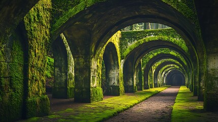 Fototapeta premium Moss Covered Archway Pathway Leading Through A Forest
