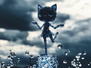 Water droplet cat sculpture, artistic water figure, creative liquid art design