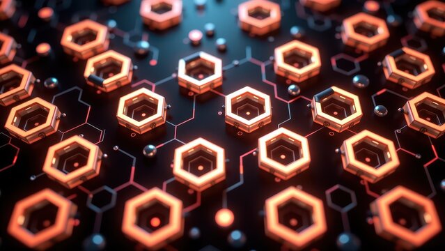 features a futuristic, high-tech theme with glowing hexagonal modules on a black background. a close-up view showcases numerous small, interconnected hexagons arranged in rows and columns against a