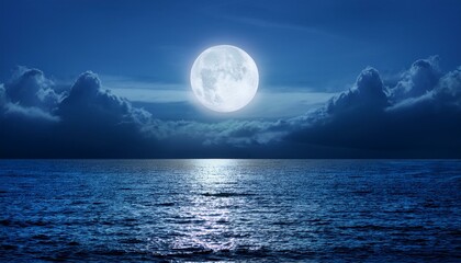 Scenic Panorama With Full Moon On Sea To Night - Full Moon Over Sea