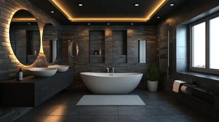 Fototapeta premium Modern dark bathroom with freestanding bathtub, double sinks, and brick wall.