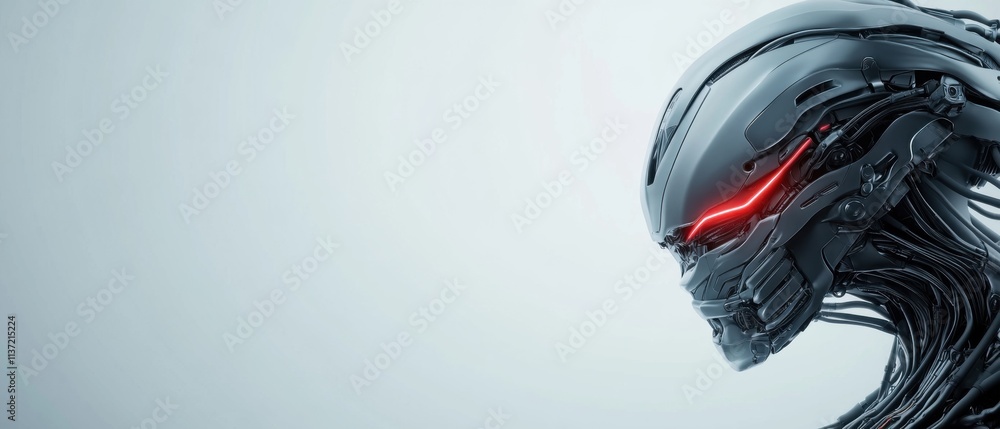 Poster futuristic robotic head with glowing red eyes and intricate metallic design showcasing advanced tech