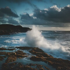 Obraz premium Ocean waves, rocky shore, lighthouse, dramatic clouds, crashing surf.
