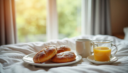 Cozy breakfast with pastries and coffee on a soft bed with natural light