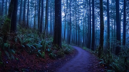 Obraz premium Serene Forest Path Winding Through Tall Trees