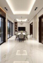 Stunning Open Space Living Room Design with Lavish Wall Art, Marble Floors, and Soft Indirect Lighting for a Modern Touch