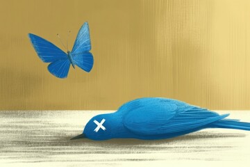 Blue bird lying still with butterfly, golden artistic illustration, abstract surreal art