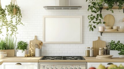 Fototapeta premium Minimal white kitchen with green plants, modern decor, clean and bright cooking space