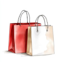 Two Shopping Bags, Red and Beige Paper Bags for Retail Branding