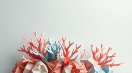 A colorful arrangement of paper coral sculptures against a light background.