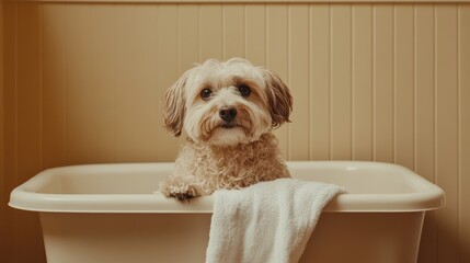Minimalist scene of a dog in a spa tub, wrapped in a towel, with a serene background