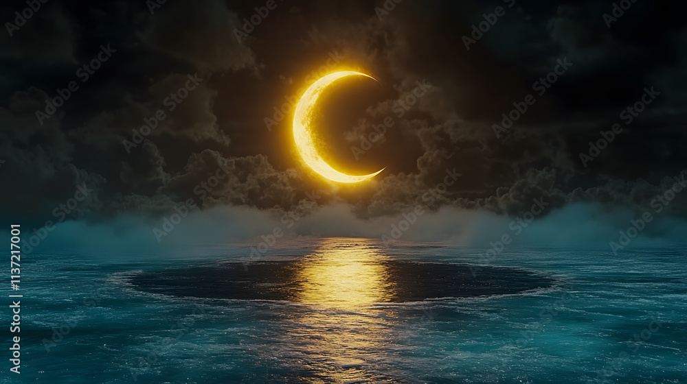 Poster a serene night scene featuring a crescent moon glowing above a tranquil ocean, surrounded by dark cl