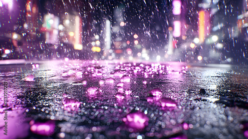 Poster a vibrant urban scene featuring rain-soaked pavement, scattered colorful reflections, and glowing ci