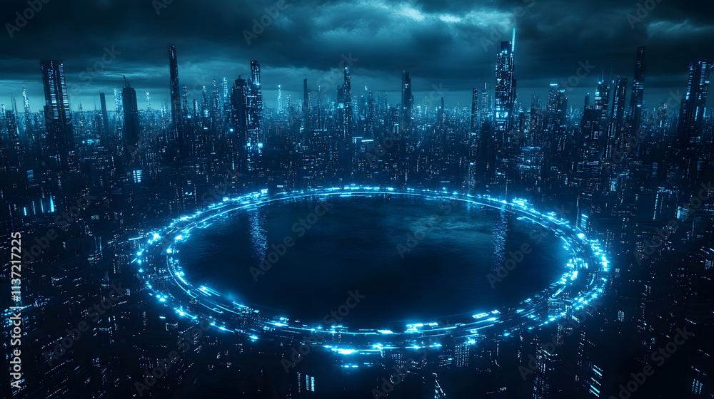 Poster A futuristic cityscape featuring towering structures and a glowing circular element, set against a moody, cloudy sky